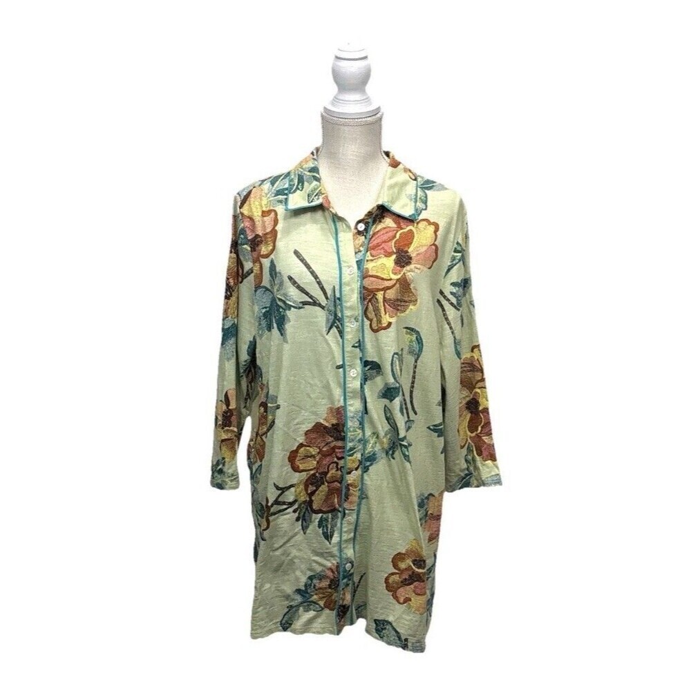 Soft Surroundings Elena Tunic XL Green Floral Embroidered Boho Relaxed Shirt